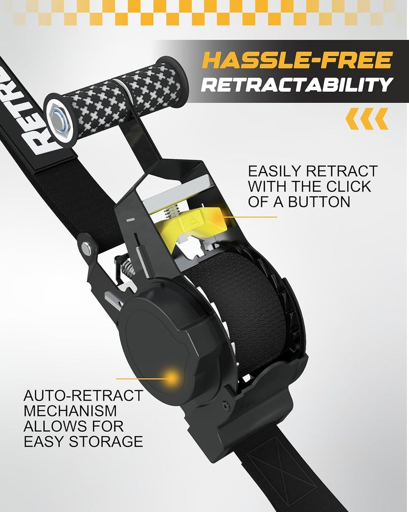 RETRUE Heavy Duty Self-Retracting Ratchet Straps, 10 Feet Retractable Ratchet Tie Down Straps with 1,500lb Break Strength for Trailers, Motorcycles, ATVs, Moving, Cargo Handling & More, Black (4 Pack) - Image 3